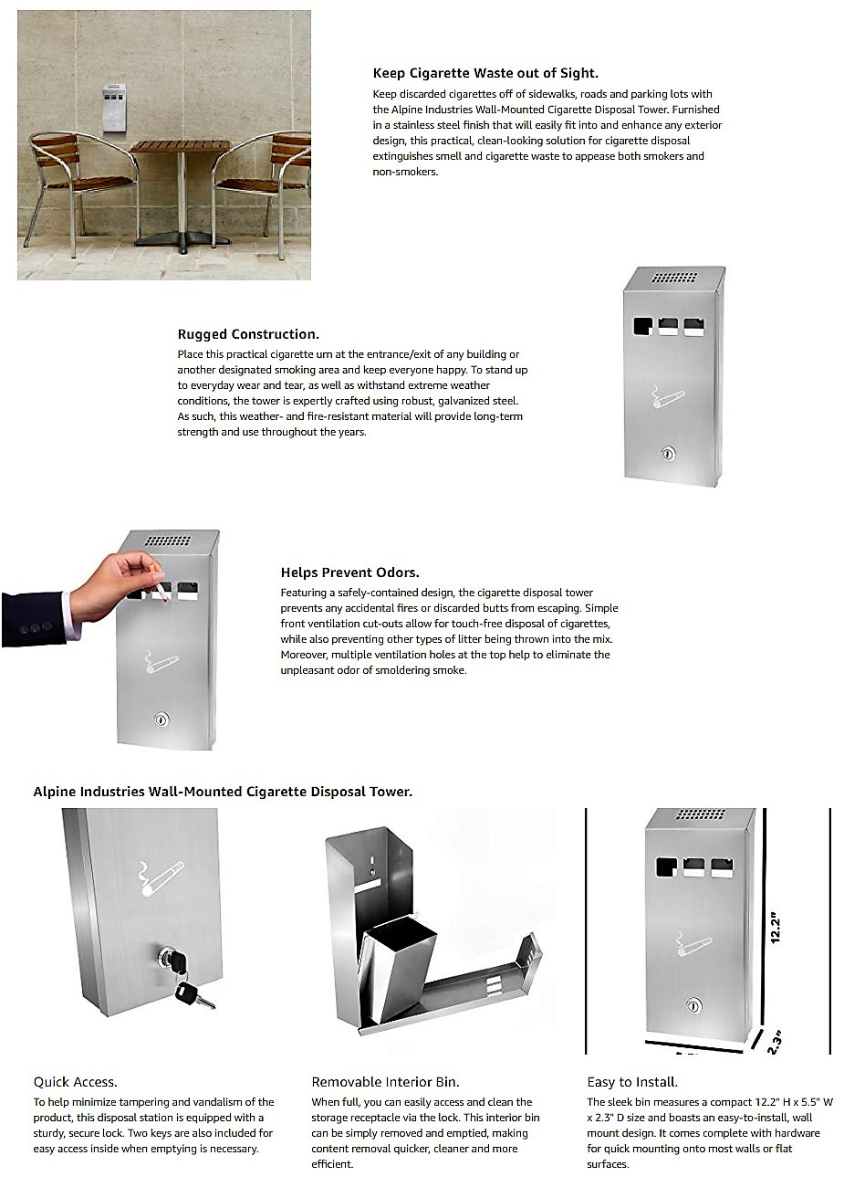 Alpine Industries Stainless Steel WallMounted Cigarette Disposal Tower